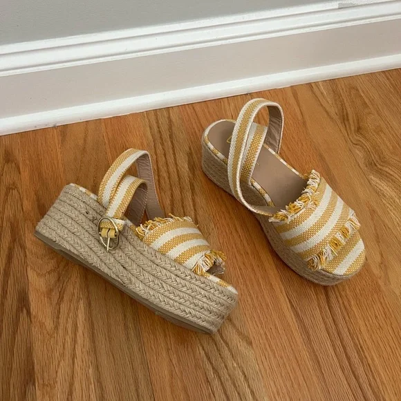 Lulus Espadrille Platform Sandals Daphnie Yellow and Beige Striped Espadrilles - Picture 1 of 3